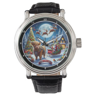 Santa und Hochlandkuh-Schlitten Armbanduhr