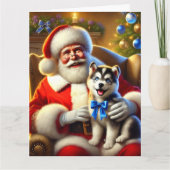 Santa und Husky Welpe mit Blue Bow Karte (Vorderseite)