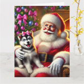 Santa und Husky Welpe mit rosa Bow Karte (Gelbe Blume)