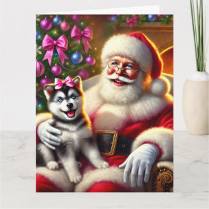 Santa und Husky Welpe mit rosa Bow Karte
