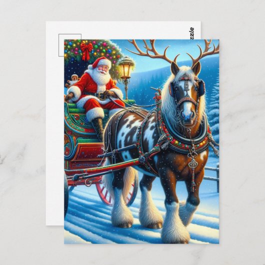 Santa und Irish Cob Pferd mit Antlern Postkarte (Vorne/Hinten)
