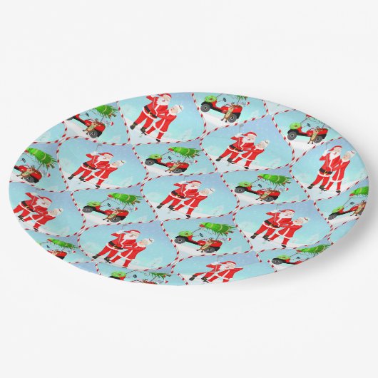 Santa und Mrs. Claus Golfing Ogee Pattern Pappteller (Schrägansicht)