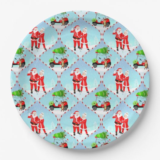 Santa und Mrs. Claus Golfing Ogee Pattern Pappteller (Vorderseite)