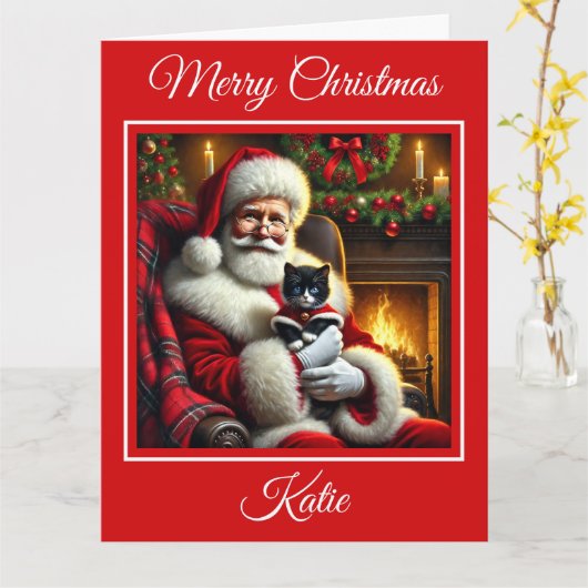 Santa und Niedlich Black and White Kitten Karte (Gelbe Blume)