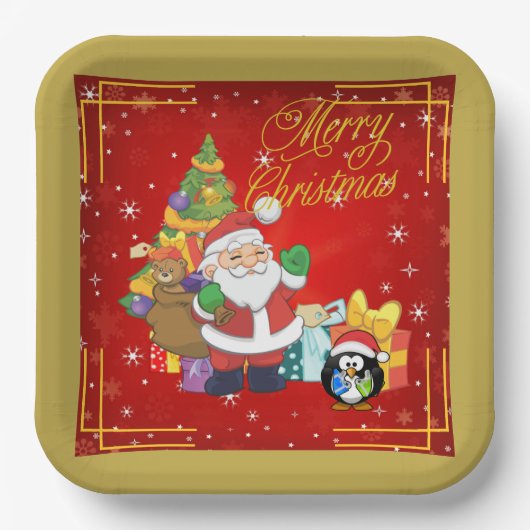 Santa und Penquin Lieferung präsentiert Party Tell Pappteller (Vorderseite)