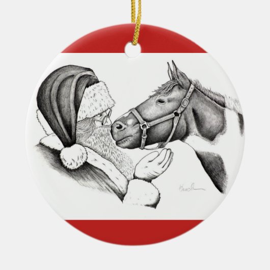 Santa und Pinto Pferd Keramik Ornament (Vorne)