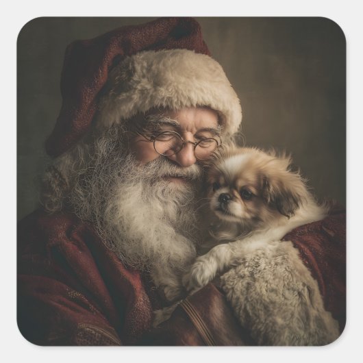 Santa und Puppy Quadratischer Aufkleber (Vorderseite)