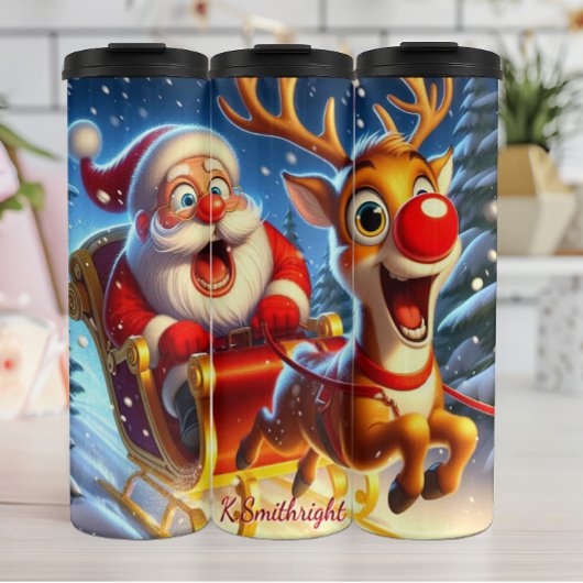 Santa und Reindeer in Sleigh Thermosbecher