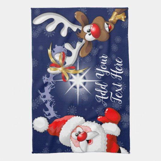 Santa und Reindeer Merry Christmassy Happy Cartoon Geschirrtuch (Vertikal)