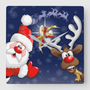 Santa und Reindeer Merry Christmassy Happy Cartoon Quadratische Wanduhr