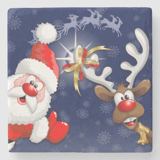 Santa und Reindeer Merry Christmassy Happy Cartoon Steinuntersetzer (Vorderseite)