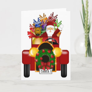 Santa und Reindei in roter Antike Auto mit Geschen Feiertagskarte