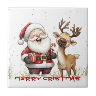 Santa und Rentier im festlichen Cartoon-Stil Fliese