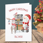 Santa und Rentier mit Personalisierten Kindern in  Feiertagskarte<br><div class="desc">Weihnachtskarte personalisiert mit dem Namen Ihres Kindes und Ihrer eigenen persönlichen Nachricht. Das Design präsentiert Santa und Rentier mit Schlitten voller Geschenke.</div>