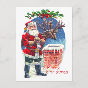 Santa und Rentier neben dem Kamin Feiertagspostkarte