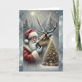 Santa und Rentier, Schneewald, Weihnachtsbaum 5 Feiertagskarte