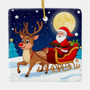Santa und Rentiere fliegen durch eine schneebedeck Keramikornament