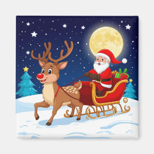 Santa und Rentiere fliegen durch eine schneebedeck Magnet