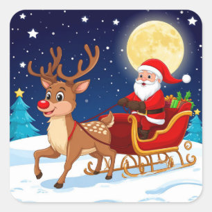 Santa und Rentiere fliegen durch eine schneebedeck Quadratischer Aufkleber