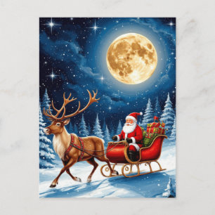 Santa und Rentiere fliegen über den mondbeschienen Postkarte