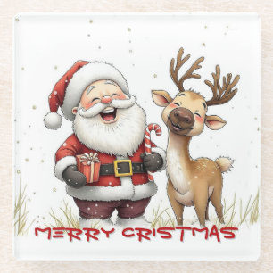 Santa und Rentiere im festlichen Cartoon-Stil Glasuntersetzer