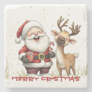 Santa und Rentiere im festlichen Cartoon-Stil Steinuntersetzer