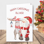 Santa und Rentiere Personalisierte Kinder Feiertagskarte<br><div class="desc">Weihnachtskarte personalisiert mit dem Namen Ihres Kindes und Ihrer eigenen persönlichen Nachricht. Die niedliche Aquarellgestaltung zeigt Santa und seine Helfer - ein Rentier und Kardinal Weihnachtsvogel.</div>