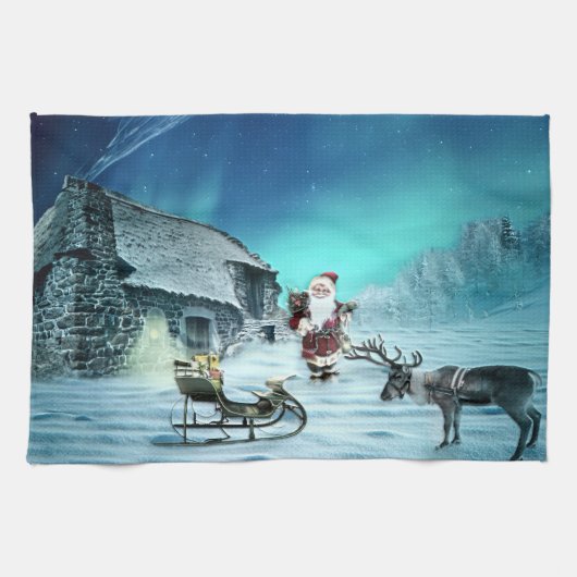 Santa und Rudolph mit Schlitten Geschirrtuch (Horizontal)