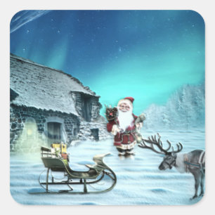 Santa und Rudolph mit Schlitten Quadratischer Aufkleber