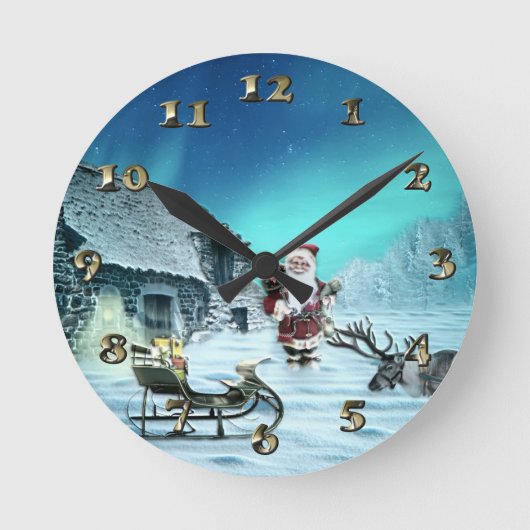 Santa und Rudolph mit Schlitten Runde Wanduhr (Vorderseite)