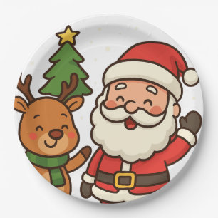 Santa und Rudolph weiß Pappteller