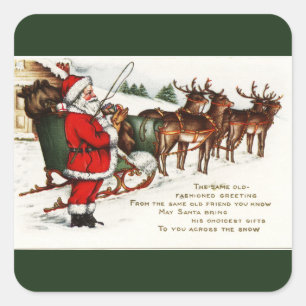Santa und Schlitten mit Rentieren Grün Quadratischer Aufkleber
