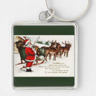 Santa und Schlitten mit Rentieren Grün Schlüsselanhänger