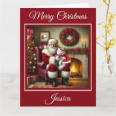 Santa und schöne weiße Katze Karte (Gelbe Blume)