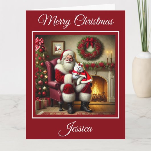 Santa und schöne weiße Katze Karte (Vorderseite)