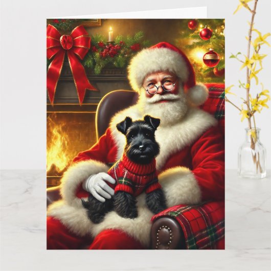 Santa und Scottish Terrier im festlichen Pullover Karte (Gelbe Blume)