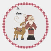 Santa und sein Rentier mit Gingham Karo Runder Aufkleber (Vorderseite)