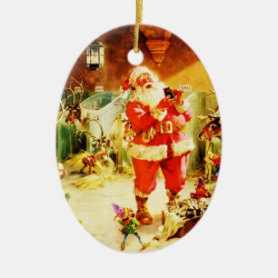Santa und seine Elfen in den Ställen des Nordpols Keramik Ornament