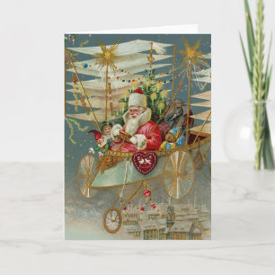 Santa und seine Phantastische Fliegmaschine Grußka Feiertagskarte