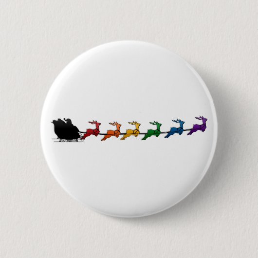 Santa und Sleigh mit LGBTQ Pride Rainbow Rentier Button (Vorderseite)