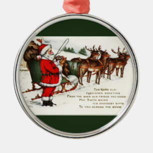 Santa und Sleigh mit Rentier Green Ornament Aus Metall