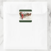 Santa und Sleigh mit Rentier Green Quadratischer Aufkleber (Tasche)