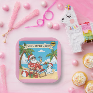 Santa und Snowman am Strand Pappteller