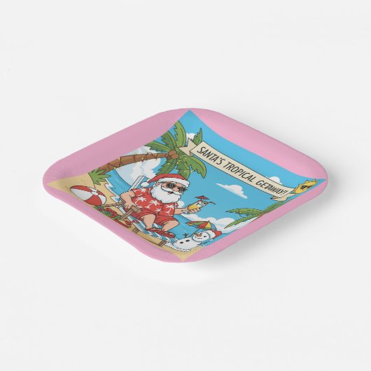 Santa und Snowman am Strand Pappteller (Gewinkelt)