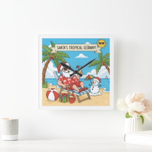 Santa und Snowman am Strand Quadratische Wanduhr