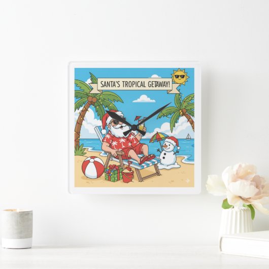 Santa und Snowman am Strand Quadratische Wanduhr (Zuhause)