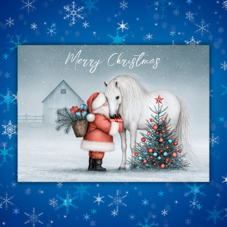 Santa und Weißes Pferd Magischer Winter Weihnachte Feiertagskarte