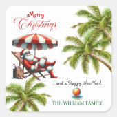 Santa under a Beach Umbrella Christmas Quadratischer Aufkleber (Vorderseite)