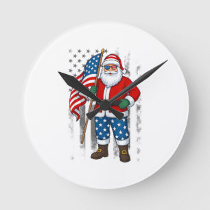 Santa USA Amerikanische Flagge Weihnachten im Juli Runde Wanduhr