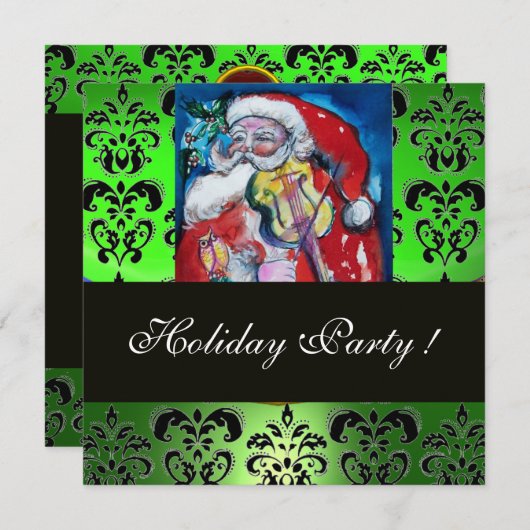 SANTA & VIOLIN ,GREEN SCHWARZ-DAMASK-MONOGRAMM ,Ru Einladung (Vorne/Hinten)